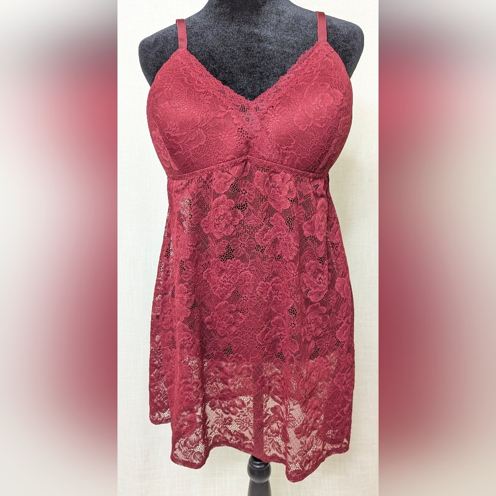 Auden Burgundy Floral Lace Babydoll & Thong Set - XL - Dark Red Lingerie